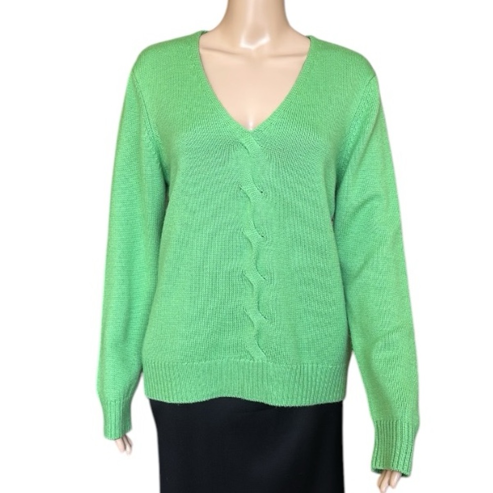 Talbots Green Wool Cashmere Cable Knit Detail V-Neck Sweater Size L